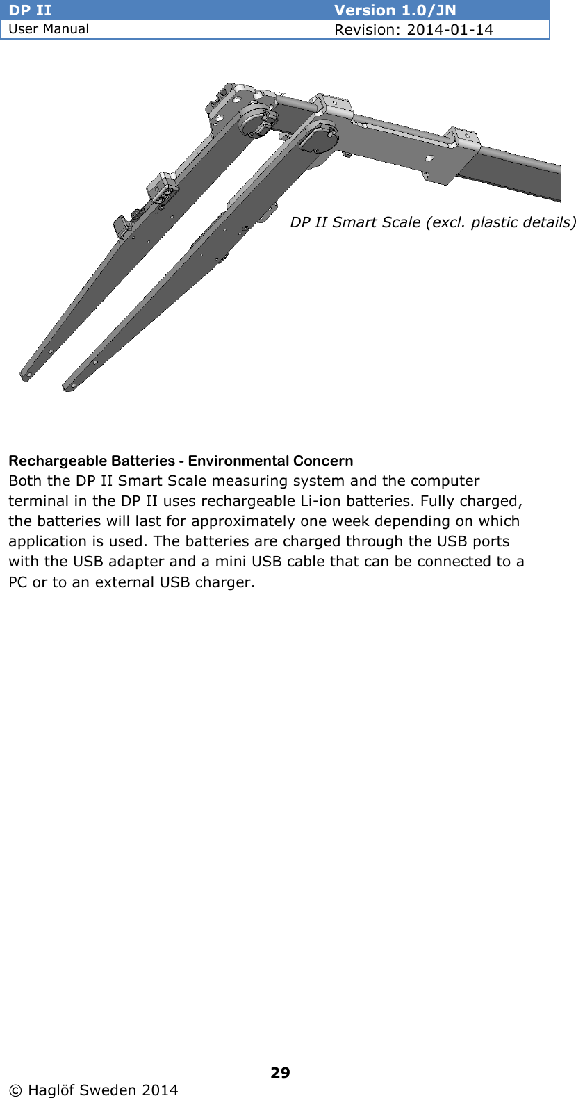 DP II  Version 1.0/JN User Manual Revision: 2014-01-14   29   © Haglöf Sweden 2014       Rechargeable Batteries - Environmental Concern Both the DP II Smart Scale measuring system and the computer terminal in the DP II uses rechargeable Li-ion batteries. Fully charged, the batteries will last for approximately one week depending on which application is used. The batteries are charged through the USB ports with the USB adapter and a mini USB cable that can be connected to a PC or to an external USB charger.  DP II Smart Scale (excl. plastic details) 