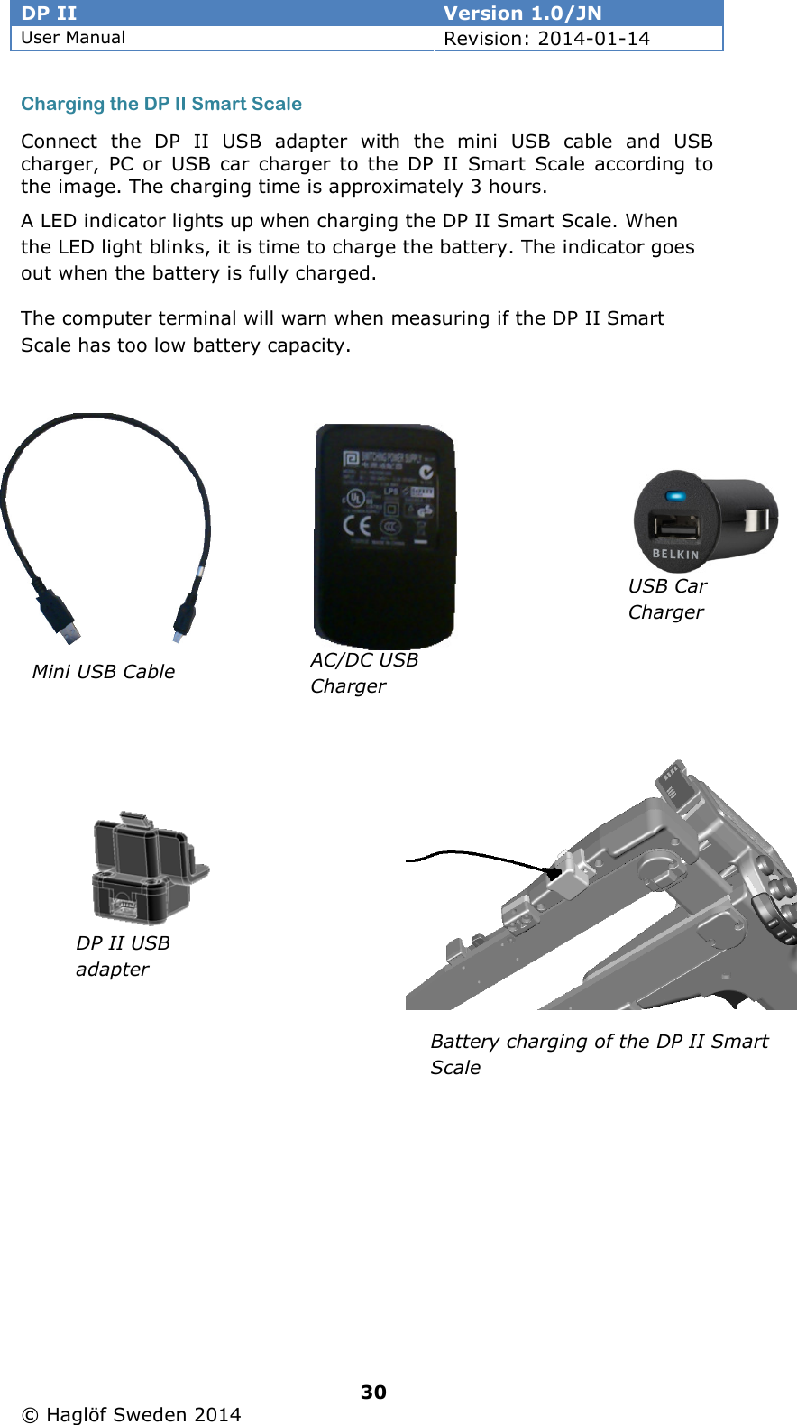 DP II  Version 1.0/JN User Manual Revision: 2014-01-14   30   © Haglöf Sweden 2014      Charging the DP II Smart Scale Connect  the  DP  II  USB  adapter  with  the  mini  USB  cable  and  USB charger,  PC  or USB car  charger  to  the  DP  II  Smart Scale  according  to the image. The charging time is approximately 3 hours.  A LED indicator lights up when charging the DP II Smart Scale. When the LED light blinks, it is time to charge the battery. The indicator goes out when the battery is fully charged. The computer terminal will warn when measuring if the DP II Smart Scale has too low battery capacity.          Battery charging of the DP II Smart Scale DP II USB adapter Mini USB Cable AC/DC USB Charger USB Car Charger 