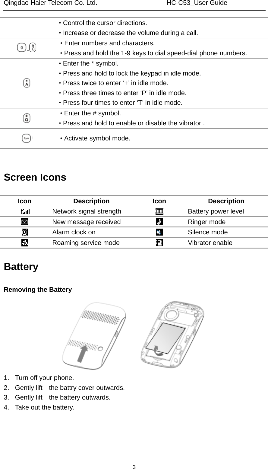 Qingdao Haier Telecom Co. Ltd.                     HC-C53_User Guide  3·Control the cursor directions. ·Increase or decrease the volume during a call. -  ·Enter numbers and characters. ·Press and hold the 1-9 keys to dial speed-dial phone numbers.  ·Enter the * symbol. ·Press and hold to lock the keypad in idle mode. ·Press twice to enter ‘+’ in idle mode. ·Press three times to enter ‘P’ in idle mode. ·Press four times to enter ‘T’ in idle mode.  ·Enter the # symbol. ·Press and hold to enable or disable the vibrator .  ·Activate symbol mode.  Screen Icons Icon Description Icon Description  Network signal strength   Battery power level  New message received   Ringer mode  Alarm clock on   Silence mode  Roaming service mode   Vibrator enable Battery Removing the Battery  1.  Turn off your phone. 2.  Gently lift    the battry cover outwards. 3.  Gently lift    the battery outwards. 4.  Take out the battery.     