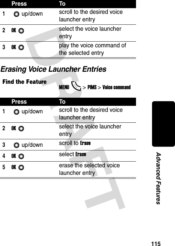 DRAFT 115Advanced FeaturesErasing Voice Launcher EntriesPress To1up/down scroll to the desired voice launcher entry2OKselect the voice launcher entry3OKplay the voice command of the selected entryFind the FeatureMENU&gt;PIMS &gt;Voice commandPress To1up/down scroll to the desired voice launcher entry2OKselect the voice launcher entry3up/down scroll to Erase4OKselect Erase5OKerase the selected voice launcher entry