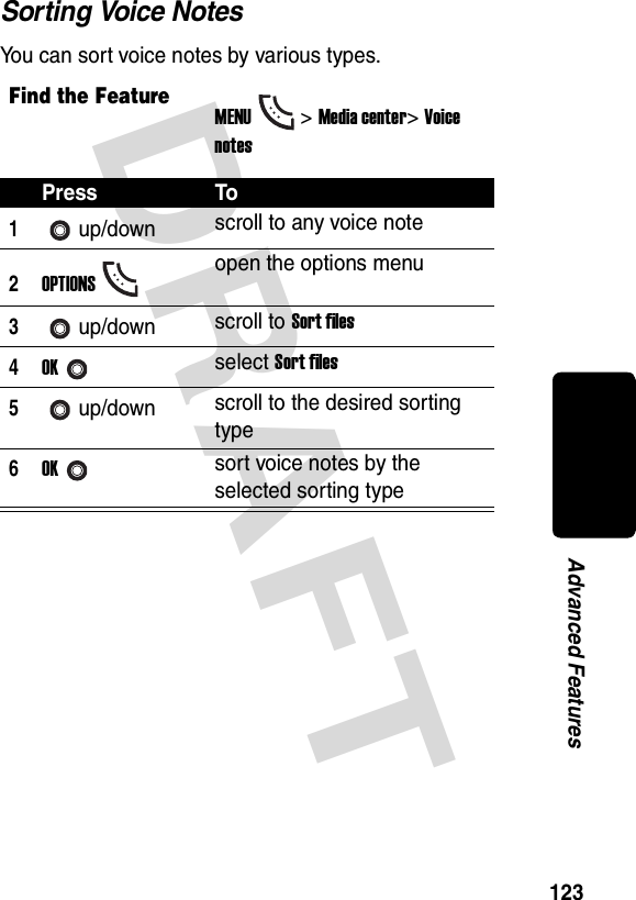 DRAFT 123Advanced FeaturesSorting Voice NotesYou can sort voice notes by various types.Find the FeatureMENU&gt;Media center &gt;Voice  notesPress To1up/down scroll to any voice note2OPTIONSopen the options menu3up/down scroll to Sort files4OKselect Sort files5up/down scroll to the desired sorting type6OKsort voice notes by the selected sorting type