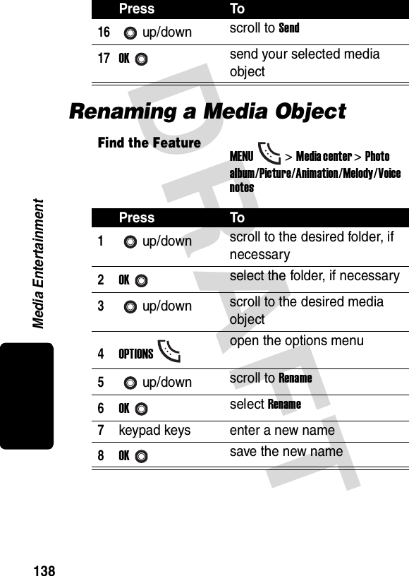 DRAFT Media Entertainment138Renaming a Media Object16up/down scroll to Send17OKsend your selected media objectFind the FeatureMENU&gt;Media center &gt;Photo album/Picture/Animation/Melody/Voice notesPress To1up/down scroll to the desired folder, if necessary2OKselect the folder, if necessary3up/down scroll to the desired media object4OPTIONSopen the options menu5up/down scroll to Rename6OKselect Rename7keypad keys enter a new name8OKsave the new namePress To