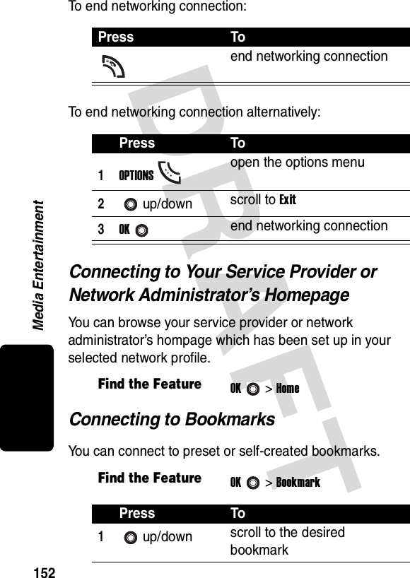 DRAFT Media Entertainment152To end networking connection:To end networking connection alternatively:Connecting to Your Service Provider or Network Administrator’s HomepageYou can browse your service provider or network administrator’s hompage which has been set up in your selected network profile.Connecting to BookmarksYou can connect to preset or self-created bookmarks.Press Toend networking connectionPress To1OPTIONSopen the options menu2up/down scroll to Exit3OKend networking connectionFind the FeatureOK&gt;HomeFind the FeatureOK&gt;BookmarkPress To1up/down scroll to the desired bookmark