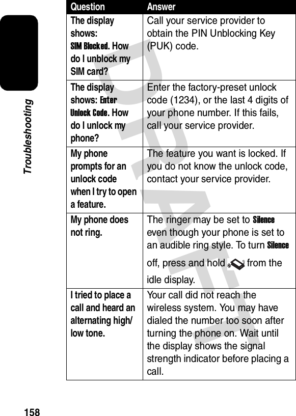 DRAFT 158TroubleshootingThe display shows: SIM Blocked. How do I unblock my SIM card?Call your service provider to obtain the PIN Unblocking Key (PUK) code.The display shows: Enter Unlock Code. How do I unlock my phone?Enter the factory-preset unlock code (1234), or the last 4 digits of your phone number. If this fails, call your service provider.My phone prompts for an unlock code when I try to open a feature.The feature you want is locked. If you do not know the unlock code, contact your service provider.My phone does not ring.The ringer may be set to Silence even though your phone is set to an audible ring style. To turn Silence off, press and hold from the idle display.I tried to place a call and heard an alternating high/low tone.Your call did not reach the wireless system. You may have dialed the number too soon after turning the phone on. Wait until the display shows the signal strength indicator before placing a call.Question Answer