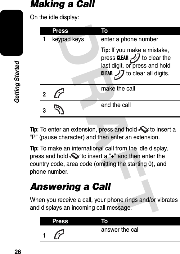 DRAFT 26Getting StartedMaking a CallOn the idle display:Tip: To enter an extension, press and hold to insert a “P” (pause character) and then enter an extension.Tip: To make an international call from the idle display, press and hold to insert a “+” and then enter the country code, area code (omitting the starting 0), and phone number.Answering a CallWhen you receive a call, your phone rings and/or vibrates and displays an incoming call message.Press To1keypad keys enter a phone numberTip: If you make a mistake, press CLEARto clear the last digit, or press and hold CLEARto clear all digits.2make the call3end the callPress To1answer the call