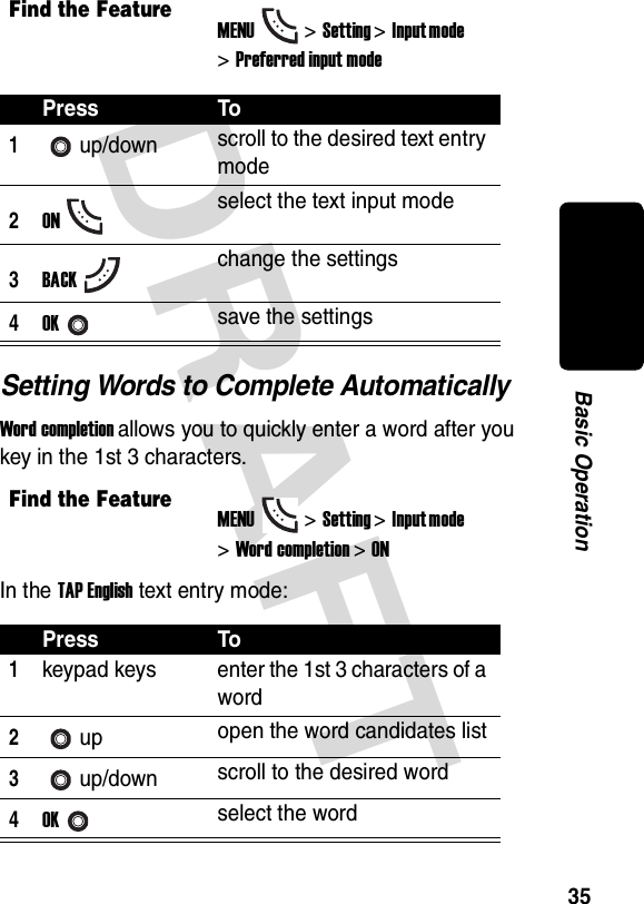 DRAFT 35Basic OperationSetting Words to Complete AutomaticallyWord completion allows you to quickly enter a word after you key in the 1st 3 characters.In the TAP English text entry mode:Find the FeatureMENU&gt;Setting &gt;Input mode &gt;Preferred input modePress To1up/down scroll to the desired text entry mode2ONselect the text input mode3BACKchange the settings4OKsave the settingsFind the FeatureMENU&gt;Setting &gt;Input mode &gt;Word completion&gt;ONPress To1keypad keys enter the 1st 3 characters of a word2up open the word candidates list3up/down scroll to the desired word4OKselect the word
