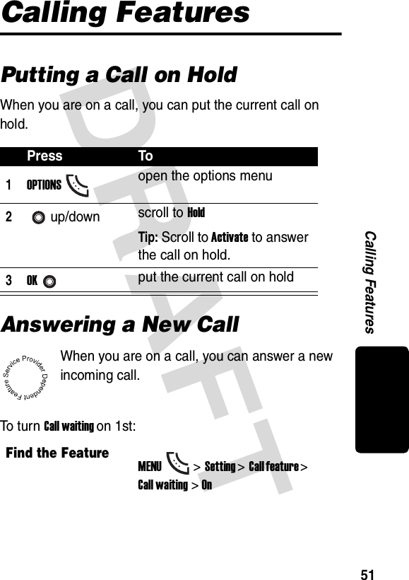 DRAFT 51Calling FeaturesCalling FeaturesPutting a Call on HoldWhen you are on a call, you can put the current call on hold.Answering a New CallWhen you are on a call, you can answer a new incoming call.To  t u r n  Call waiting on 1st:Press To1OPTIONSopen the options menu2up/down scroll to HoldTip: Scroll to Activate to answer the call on hold.3OKput the current call on holdFind the FeatureMENU&gt;Setting &gt;Call feature &gt; Call waiting &gt; On