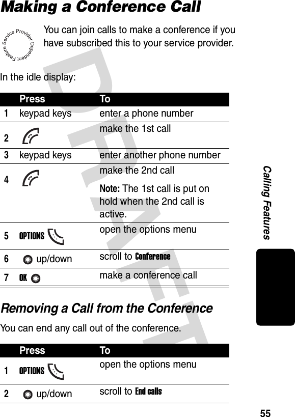 DRAFT 55Calling FeaturesMaking a Conference CallYou can join calls to make a conference if you have subscribed this to your service provider.In the idle display:Removing a Call from the ConferenceYou can end any call out of the conference.Press To1keypad keys enter a phone number2make the 1st call3keypad keys enter another phone number4make the 2nd callNote: The 1st call is put on hold when the 2nd call is active.5OPTIONSopen the options menu6up/down scroll to Conference7OKmake a conference callPress To1OPTIONSopen the options menu2up/down scroll to End calls