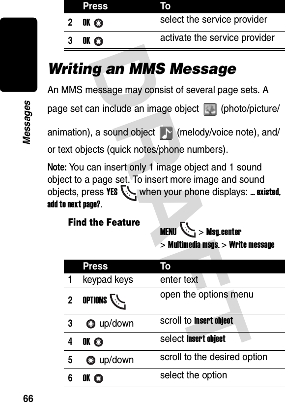 DRAFT 66MessagesWriting an MMS MessageAn MMS message may consist of several page sets. A page set can include an image object (photo/picture/animation), a sound object (melody/voice note), and/or text objects (quick notes/phone numbers).Note: You can insert only 1 image object and 1 sound object to a page set. To insert more image and sound objects, press YESwhen your phone displays: ... existed, add to next page?.2OKselect the service provider3OKactivate the service providerFind the FeatureMENU&gt;Msg. center &gt;Multimedia msgs. &gt;Write messagePress To1keypad keys enter text2OPTIONSopen the options menu3up/down scroll to Insert object4OKselect Insert object5up/down scroll to the desired option6OKselect the optionPress To