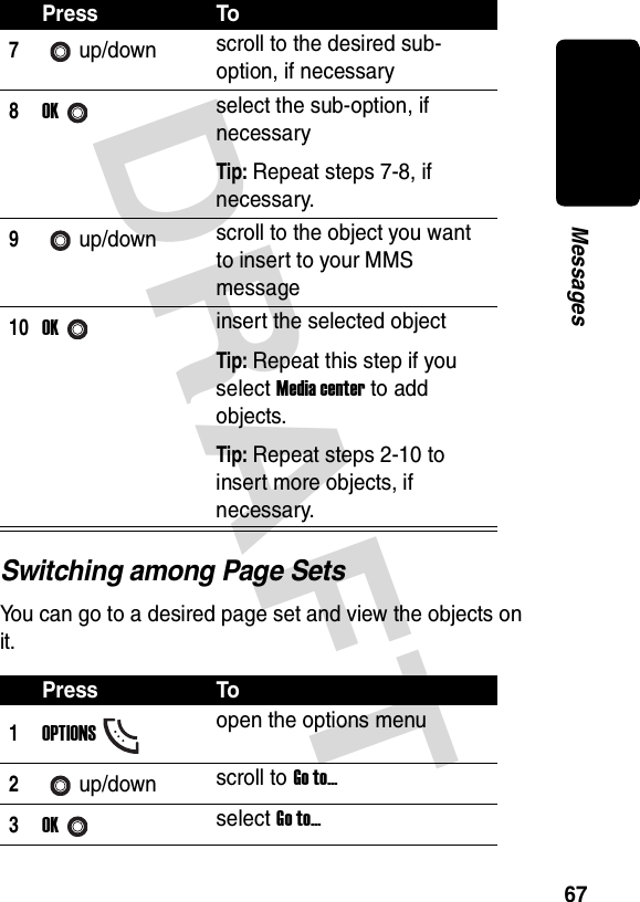 DRAFT 67MessagesSwitching among Page SetsYou can go to a desired page set and view the objects on it.7up/down scroll to the desired sub-option, if necessary8OKselect the sub-option, if necessaryTip: Repeat steps 7-8, if necessary.9up/down scroll to the object you want to insert to your MMS message10OKinsert the selected objectTip: Repeat this step if you select Media center to add objects.Tip: Repeat steps 2-10 to insert more objects, if necessary.Press To1OPTIONSopen the options menu2up/down scroll to Go to...3OKselect Go to...Press To