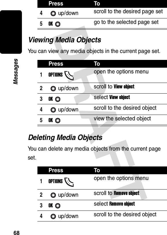 DRAFT 68MessagesViewing Media ObjectsYou can view any media objects in the current page set.Deleting Media ObjectsYou can delete any media objects from the current page set.4up/down scroll to the desired page set5OKgo to the selected page setPress To1OPTIONSopen the options menu2up/down scroll to View object3OKselect View object4up/down scroll to the desired object5OKview the selected objectPress To1OPTIONSopen the options menu2up/down scroll to Remove object3OKselect Remove object4up/down scroll to the desired objectPress To