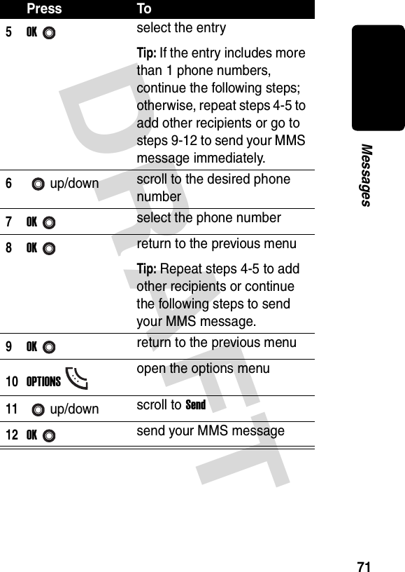 DRAFT 71Messages5OKselect the entryTip: If the entry includes more than 1 phone numbers, continue the following steps; otherwise, repeat steps 4-5 to add other recipients or go to steps 9-12 to send your MMS message immediately.6up/down scroll to the desired phone number7OKselect the phone number8OKreturn to the previous menuTip: Repeat steps 4-5 to add other recipients or continue the following steps to send your MMS message.9OKreturn to the previous menu10OPTIONSopen the options menu11up/down scroll to Send12OKsend your MMS messagePress To