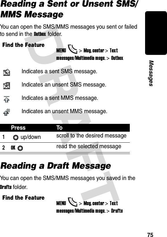 DRAFT 75MessagesReading a Sent or Unsent SMS/MMS MessageYou can open the SMS/MMS messages you sent or failed to send in the Outbox folder.Reading a Draft MessageYou can open the SMS/MMS messages you saved in the Drafts folder.Find the FeatureMENU&gt;Msg. center &gt;Text messages/Multimedia msgs. &gt;OutboxIndicates a sent SMS message.Indicates an unsent SMS message.Indicates a sent MMS message.Indicates an unsent MMS message.Press To1up/down scroll to the desired message2OKread the selected messageFind the FeatureMENU&gt;Msg. center &gt;Text messages/Multimedia msgs. &gt;Drafts