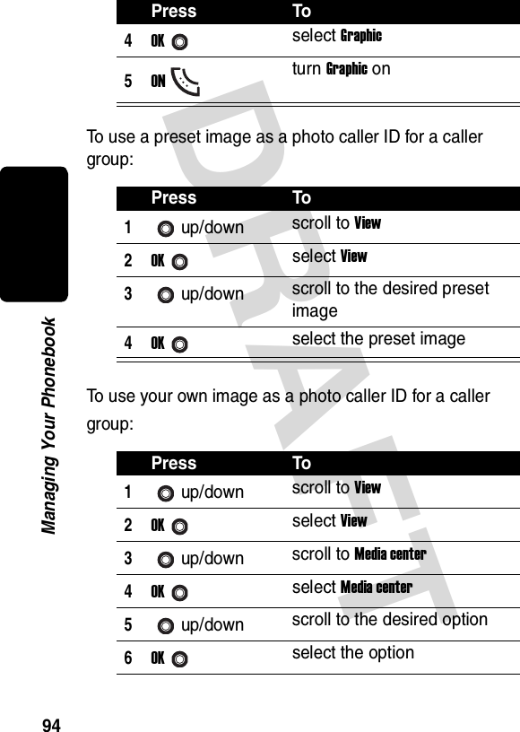 DRAFT 94Managing Your PhonebookTo use a preset image as a photo caller ID for a caller group:To use your own image as a photo caller ID for a caller group:4OKselect Graphic5ONturn Graphic onPress To1up/down scroll to View2OKselect View3up/down scroll to the desired preset image4OKselect the preset imagePress To1up/down scroll to View2OKselect View3up/down scroll to Media center4OKselect Media center5up/down scroll to the desired option6OKselect the optionPress To