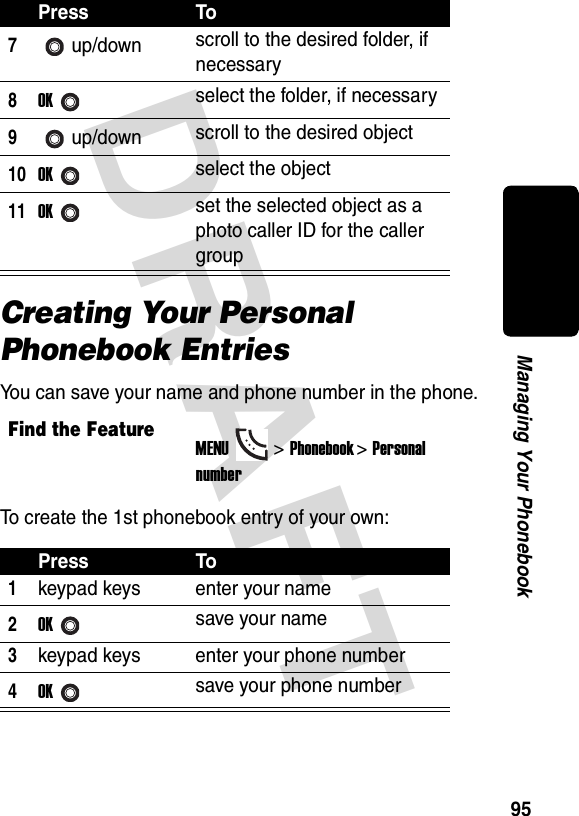 DRAFT 95Managing Your PhonebookCreating Your Personal Phonebook EntriesYou can save your name and phone number in the phone.To create the 1st phonebook entry of your own:7up/down scroll to the desired folder, if necessary8OKselect the folder, if necessary9up/down scroll to the desired object10OKselect the object11OKset the selected object as a photo caller ID for the caller groupFind the FeatureMENU&gt;Phonebook &gt;Personal numberPress To1keypad keys enter your name2OKsave your name3keypad keys enter your phone number4OKsave your phone numberPress To