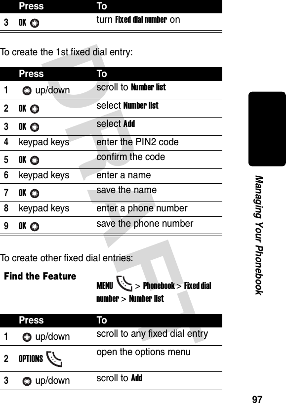 DRAFT 97Managing Your PhonebookTo create the 1st fixed dial entry:To create other fixed dial entries:3OKturn Fixed dial number onPress To1up/down scroll to Number list2OKselect Number list3OKselect Add4keypad keys enter the PIN2 code5OKconfirm the code6keypad keys enter a name7OKsave the name8keypad keys enter a phone number9OKsave the phone numberFind the FeatureMENU&gt;Phonebook &gt;Fixed dial number &gt;Number listPress To1up/down scroll to any fixed dial entry2OPTIONSopen the options menu3up/down scroll to AddPress To