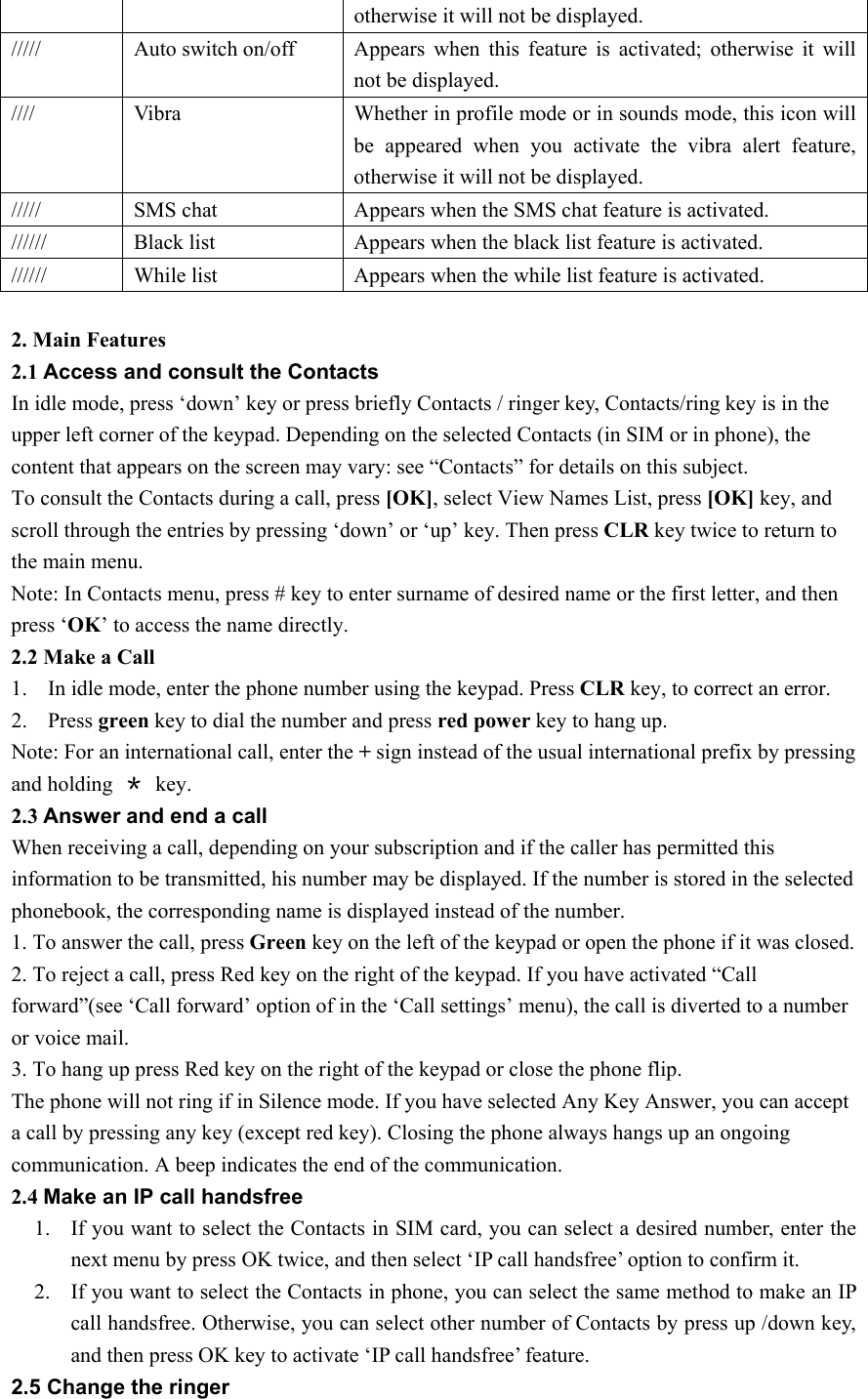 otherwise it will not be displayed. /////  Auto switch on/off  Appears  when  this feature is activated; otherwise it will not be displayed. ////  Vibra  Whether in profile mode or in sounds mode, this icon will be appeared when you activate the vibra alert feature, otherwise it will not be displayed. /////  SMS chat    Appears when the SMS chat feature is activated. //////  Black list  Appears when the black list feature is activated. //////  While list  Appears when the while list feature is activated.  2. Main Features 2.1 Access and consult the Contacts In idle mode, press ‘down’ key or press briefly Contacts / ringer key, Contacts/ring key is in the upper left corner of the keypad. Depending on the selected Contacts (in SIM or in phone), the content that appears on the screen may vary: see “Contacts” for details on this subject. To consult the Contacts during a call, press [OK], select View Names List, press [OK] key, and scroll through the entries by pressing ‘down’ or ‘up’ key. Then press CLR key twice to return to the main menu. Note: In Contacts menu, press # key to enter surname of desired name or the first letter, and then press ‘OK’ to access the name directly. 2.2 Make a Call 1. In idle mode, enter the phone number using the keypad. Press CLR key, to correct an error.   2. Press green key to dial the number and press red power key to hang up. Note: For an international call, enter the + sign instead of the usual international prefix by pressing and holding  ＊ key. 2.3 Answer and end a call When receiving a call, depending on your subscription and if the caller has permitted this information to be transmitted, his number may be displayed. If the number is stored in the selected phonebook, the corresponding name is displayed instead of the number. 1. To answer the call, press Green key on the left of the keypad or open the phone if it was closed. 2. To reject a call, press Red key on the right of the keypad. If you have activated “Call forward”(see ‘Call forward’ option of in the ‘Call settings’ menu), the call is diverted to a number or voice mail. 3. To hang up press Red key on the right of the keypad or close the phone flip. The phone will not ring if in Silence mode. If you have selected Any Key Answer, you can accept a call by pressing any key (except red key). Closing the phone always hangs up an ongoing communication. A beep indicates the end of the communication. 2.4 Make an IP call handsfree 1. If you want to select the Contacts in SIM card, you can select a desired number, enter the next menu by press OK twice, and then select ‘IP call handsfree’ option to confirm it. 2. If you want to select the Contacts in phone, you can select the same method to make an IP call handsfree. Otherwise, you can select other number of Contacts by press up /down key, and then press OK key to activate ‘IP call handsfree’ feature. 2.5 Change the ringer   