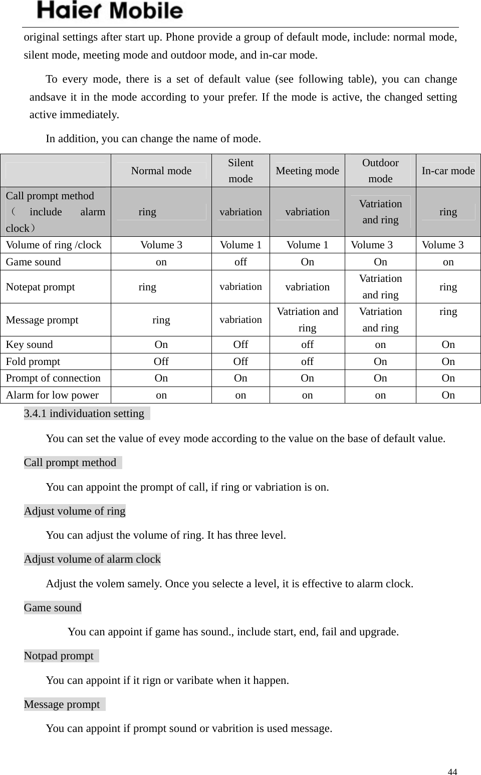    44original settings after start up. Phone provide a group of default mode, include: normal mode, silent mode, meeting mode and outdoor mode, and in-car mode.   To every mode, there is a set of default value (see following table), you can change andsave it in the mode according to your prefer. If the mode is active, the changed setting active immediately.   In addition, you can change the name of mode.    Normal mode  Silent mode  Meeting mode Outdoor mode  In-car modeCall prompt method   （include alarm clock） ring  vabriation vabriation  Vatriation and ring  ring  Volume of ring /clock    Volume 3  Volume 1 Volume 1  Volume 3  Volume 3 Game sound  on  off  On   On   on Notepat prompt  ring  vabriation vabriation  Vatriation and ring  ring  Message prompt  ring  vabriation Vatriation and ring Vatriation and ring ring Key sound  On  Off  off  on  On Fold prompt  Off  Off  off  On  On Prompt of connection  On  On  On  On  On Alarm for low power  on  on  on  on  On 3.4.1 individuation setting   You can set the value of evey mode according to the value on the base of default value.   Call prompt method   You can appoint the prompt of call, if ring or vabriation is on.   Adjust volume of ring You can adjust the volume of ring. It has three level.   Adjust volume of alarm clock   Adjust the volem samely. Once you selecte a level, it is effective to alarm clock.   Game sound   You can appoint if game has sound., include start, end, fail and upgrade.   Notpad prompt   You can appoint if it rign or varibate when it happen.   Message prompt   You can appoint if prompt sound or vabrition is used message.   