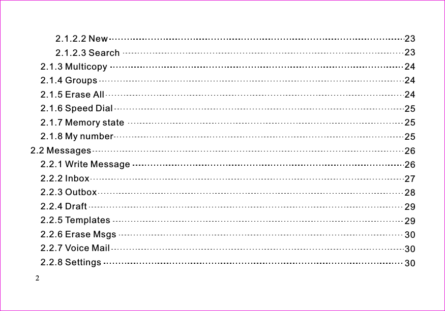 23232424242525252626272829293030302 New2.1.2.3 Search2.1.3 Multicopy2.1.4 Groups2.1.5 Erase All2.1.6 Speed Dial2.1.7 Memory state2.1.8 My number2.2 Messages2.2.1 Write Message2.2.2 Inbox2.2.3 Outbox2.2.4 Draft2.2.5 Templates2.2.6 Erase Msgs2.2.7 Voice Mail2.2.8 Settings2.1.2.2