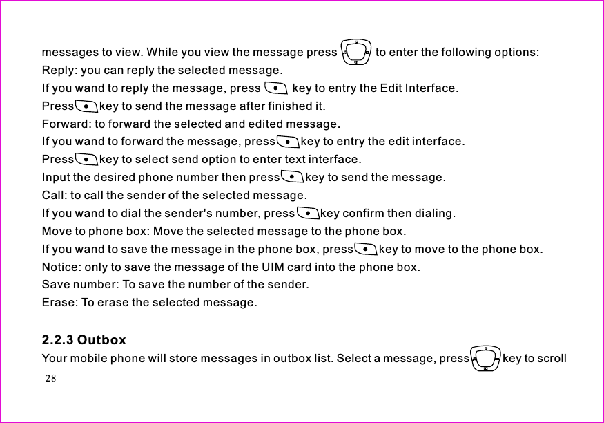 messages to view. While you view the message press            to enter the following options:Reply: you can reply the selected message.If you wand to reply the message, press          key to entry the Edit Interface.Press        key to send the message after finished it.Forward: to forward the selected and edited message.If you wand to forward the message, press        key to entry the edit interface.Press        key to select send option to enter text interface.Input the desired phone number then press        key to send the message.Call: to call the sender of the selected message.If you wand to dial the sender&apos;s number, press        key confirm then dialing.Move to phone box: Move the selected message to the phone box.If you wand to save the message in the phone box, press        key to move to the phone box.Notice: only to save the message of the UIM card into the phone box.Save number: To save the number of the sender.Erase: To erase the selected message.2.2.3 OutboxYour mobile phone will store messages in outbox list. Select a message, press key to scroll28