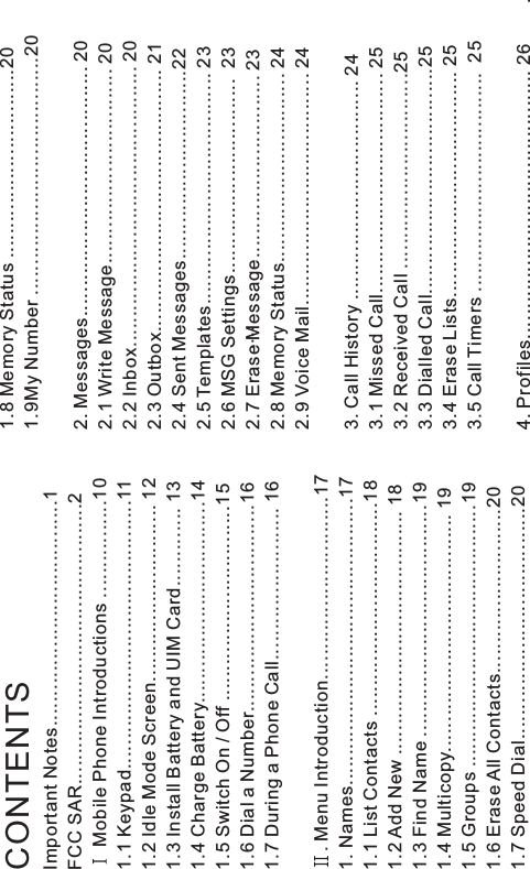 CONTENTSImportant Notes.....................................1FCC SAR..............................................2Mobile Phone Introductions ................101.1 Keypad............................................111.2 Idle Mode Screen............................. 121.3 Install Battery and UIM Card............. 131.4 Charge Battery.................................141.5 Switch On / Off ................................151.6 Dial a Number..................................16 ....1.7 During a Phone Call......................... 16. Menu Introduction..............................171. Names...............................................171.1 List Contacts ...................................181.2 Add New ........................................ 18 .1.3 Find Name ......................................191.4 Multicopy....................................... 191.5 Groups ...........................................191.6 Erase All Contacts...........................201.7 Speed Dial......................................201.8 Memory Status ...............................201.9My Number .......................................202. Messages......................................... 202.1 Write Message................................ 202.2 Inbox.............................................. 202.3 Outbox........................................... 212.4 Sent Messages...............................222.5 Templates...................................... 232.6 MSG Settings................................ 232.7 Erase Message.............................. 232.8 Memory Status............................... 242.9 Voice Mail...................................... 243. Call History .................................... 243.1 Missed Call.................................... 253.2 Received Call ................................253.3 Dialled Call.....................................253.4 Erase Lists..................................... 253.5 Call Timers .................................... 254. Profiles............................................ 26 .