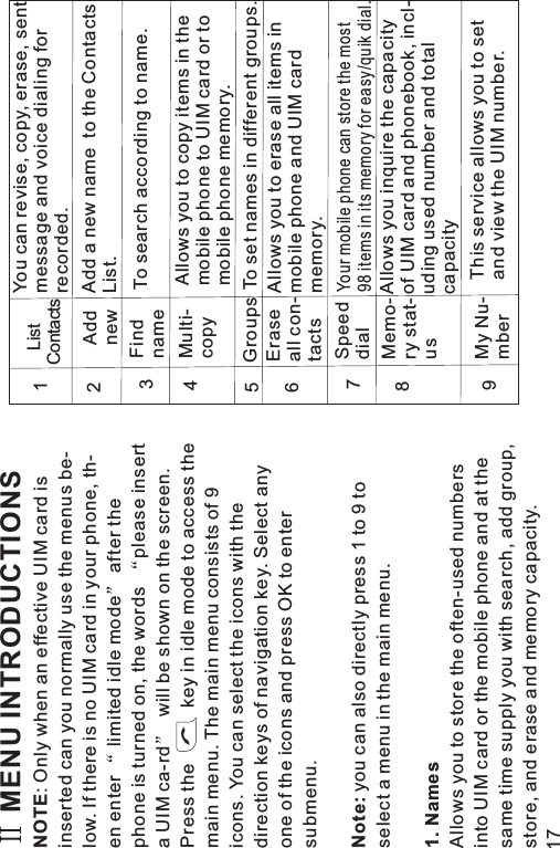 MENU INTRODUCTIONSNOTENote:1. Names: Only when an effective UIM card isinserted can you normally use the menus be-low. If there is no UIM card in your phone, th-en enter limited idle mode after thephone is turned on, the words please inserta UIM ca-rd will be shown on the screen.Press the key in idle mode to access themain menu. The main menu consists of 9icons. You can select the icons with thedirection keys of navigation key. Select anyone of the icons and press OK to entersubmenu.youcanalsodirectlypress1to9toselect a menu in the main menu.Allows you to store the often-used numbersinto UIM card or the mobile phone and at thesame time supply you with search, add group,store, and erase and memory capacity.1ListContactsYou can revise, copy, erase, sentmessage and voice dialing forrecorded.2AddnewAdd a new name to the ContactsList.3Findname To search according to name.4Multi-copyAllows you to copy items in themobile phone to UIM card or tomobile phone memory.5Groups To set names in different groups.6Eraseall con-tactsAllows you to erase all items inmobile phone and UIM cardmemory.7SpeeddialYour mobile phone can store the most98 items in its memory for easy/quik dial.8Memo-ry stat-usAllows you inquire the capacityof UIM card and phonebook, incl-uding used number and totalcapacity9My Nu-mberThis service allows you to setand view the UIM number.17