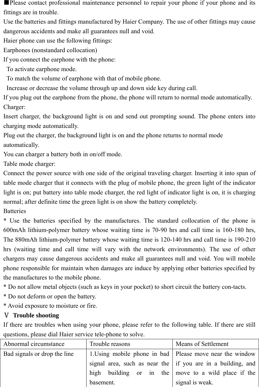 ■Please contact professional maintenance personnel to repair your phone if your phone and its fittings are in trouble. Use the batteries and fittings manufactured by Haier Company. The use of other fittings may cause dangerous accidents and make all guarantees null and void. Haier phone can use the following fittings: Earphones (nonstandard collocation) If you connect the earphone with the phone:   To activate earphone mode.   To match the volume of earphone with that of mobile phone.   Increase or decrease the volume through up and down side key during call. If you plug out the earphone from the phone, the phone will return to normal mode automatically.   Charger: Insert charger, the background light is on and send out prompting sound. The phone enters into charging mode automatically. Plug out the charger, the background light is on and the phone returns to normal mode automatically. You can charger a battery both in on/off mode. Table mode charger: Connect the power source with one side of the original traveling charger. Inserting it into span of table mode charger that it connects with the plug of mobile phone, the green light of the indicator light is on; put battery into table mode charger, the red light of indicator light is on, it is charging normal; after definite time the green light is on show the battery completely. Batteries  * Use the batteries specified by the manufactures. The standard collocation of the phone is 600mAh lithium-polymer battery whose waiting time is 70-90 hrs and call time is 160-180 hrs, The 880mAh lithium-polymer battery whose waiting time is 120-140 hrs and call time is 190-210 hrs (waiting time and call time will vary with the network environments). The use of other chargers may cause dangerous accidents and make all guarantees null and void. You will mobile phone responsible for maintain when damages are induce by applying other batteries specified by the manufactures to the mobile phone. * Do not allow metal objects (such as keys in your pocket) to short circuit the battery con-tacts. * Do not deform or open the battery. * Avoid exposure to moisture or fire. Ⅴ Trouble shooting If there are troubles when using your phone, please refer to the following table. If there are still questions, please dial Haier service tele-phone to solve. Abnormal circumstance    Trouble reasons  Means of Settlement Bad signals or drop the line  1.Using  mobile  phone  in  bad signal area, such as near the high building or in the basement. Please move near the window if you are in a building, and move to a wild place if the signal is weak.  