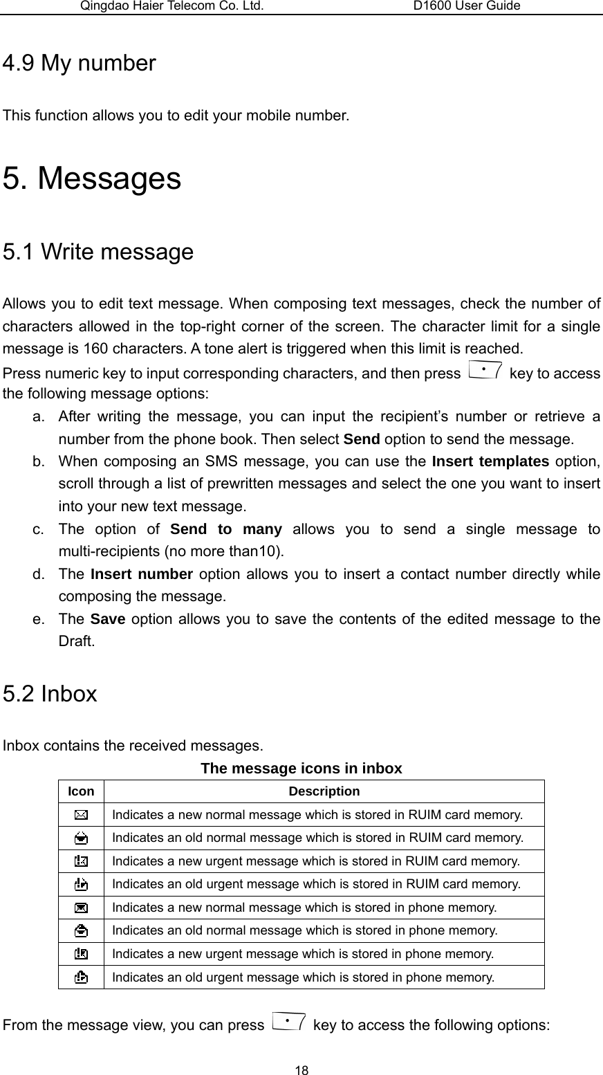 Qingdao Haier Telecom Co. Ltd.                       D1600 User Guide 4.9 My number This function allows you to edit your mobile number. 5. Messages 5.1 Write message Allows you to edit text message. When composing text messages, check the number of characters allowed in the top-right corner of the screen. The character limit for a single message is 160 characters. A tone alert is triggered when this limit is reached. Press numeric key to input corresponding characters, and then press    key to access the following message options: a.  After writing the message, you can input the recipient’s number or retrieve a number from the phone book. Then select Send option to send the message. b.  When composing an SMS message, you can use the Insert templates option, scroll through a list of prewritten messages and select the one you want to insert into your new text message. c.  The option of Send to many allows you to send a single message to multi-recipients (no more than10). d. The Insert number option allows you to insert a contact number directly while composing the message. e. The Save option allows you to save the contents of the edited message to the Draft. 5.2 Inbox Inbox contains the received messages. The message icons in inbox Icon Description   Indicates a new normal message which is stored in RUIM card memory.  Indicates an old normal message which is stored in RUIM card memory.  Indicates a new urgent message which is stored in RUIM card memory.  Indicates an old urgent message which is stored in RUIM card memory.  Indicates a new normal message which is stored in phone memory.  Indicates an old normal message which is stored in phone memory.  Indicates a new urgent message which is stored in phone memory.  Indicates an old urgent message which is stored in phone memory.  From the message view, you can press    key to access the following options: 18 