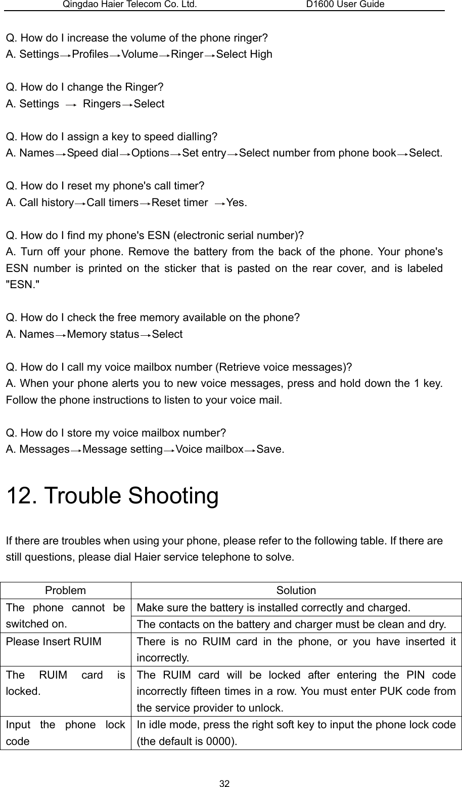 Qingdao Haier Telecom Co. Ltd.                       D1600 User Guide Q. How do I increase the volume of the phone ringer? A. Settings Profiles Volume Ringer Select High    Q. How do I change the Ringer? A. Settings   Ringers Select  Q. How do I assign a key to speed dialling? A. Names Speed dial Options Set entry Select number from phone book Select.  Q. How do I reset my phone&apos;s call timer? A. Call history Call timers Reset timer  Yes.  Q. How do I find my phone&apos;s ESN (electronic serial number)? A. Turn off your phone. Remove the battery from the back of the phone. Your phone&apos;s ESN number is printed on the sticker that is pasted on the rear cover, and is labeled &quot;ESN.&quot;  Q. How do I check the free memory available on the phone? A. Names Memory status Select  Q. How do I call my voice mailbox number (Retrieve voice messages)? A. When your phone alerts you to new voice messages, press and hold down the 1 key. Follow the phone instructions to listen to your voice mail.  Q. How do I store my voice mailbox number? A. Messages Message setting Voice mailbox Save. 12. Trouble Shooting If there are troubles when using your phone, please refer to the following table. If there are still questions, please dial Haier service telephone to solve.  Problem Solution Make sure the battery is installed correctly and charged. The phone cannot be switched on.  The contacts on the battery and charger must be clean and dry. Please Insert RUIM  There is no RUIM card in the phone, or you have inserted it incorrectly. The RUIM card is locked. The RUIM card will be locked after entering the PIN code incorrectly fifteen times in a row. You must enter PUK code from the service provider to unlock. Input the phone lock code In idle mode, press the right soft key to input the phone lock code (the default is 0000). 32 