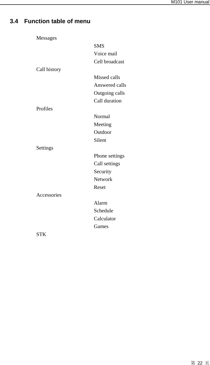   M101 User manual 第 22 页  3.4  Function table of menu  Messages  SMS Voice mail Cell broadcast Call history     Missed calls   Answered calls   Outgoing calls   Call duration   Profiles  Normal  Meeting Outdoor  Silent  Settings  Phone settings   Call settings Security Network  Reset  Accessories    Alarm Schedule Calculator Games STK              