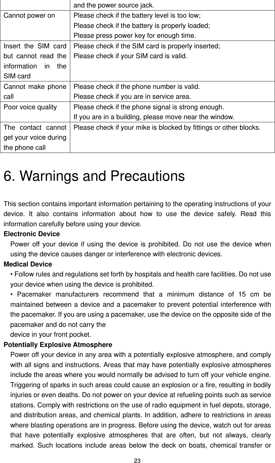 23 and the power source jack. Cannot power on Please check if the battery level is too low; Please check if the battery is properly loaded; Please press power key for enough time. Insert  the  SIM  card but  cannot  read  the information  in  the SIM card Please check if the SIM card is properly inserted; Please check if your SIM card is valid. Cannot make phone call Please check if the phone number is valid. Please check if you are in service area. Poor voice quality Please check if the phone signal is strong enough. If you are in a building, please move near the window. The  contact  cannot get your voice during the phone call Please check if your mike is blocked by fittings or other blocks. 6. Warnings and Precautions This section contains important information pertaining to the operating instructions of your device.  It  also  contains  information  about  how  to  use  the  device  safely.  Read  this information carefully before using your device. Electronic Device   Power off your  device if using  the device is  prohibited. Do not  use the device  when using the device causes danger or interference with electronic devices.   Medical Device • Follow rules and regulations set forth by hospitals and health care facilities. Do not use your device when using the device is prohibited. •  Pacemaker  manufacturers  recommend  that  a  minimum  distance  of  15  cm  be maintained between a device and a pacemaker to prevent potential interference with the pacemaker. If you are using a pacemaker, use the device on the opposite side of the pacemaker and do not carry the   device in your front pocket.   Potentially Explosive Atmosphere   Power off your device in any area with a potentially explosive atmosphere, and comply with all signs and instructions. Areas that may have potentially explosive atmospheres include the areas where you would normally be advised to turn off your vehicle engine. Triggering of sparks in such areas could cause an explosion or a fire, resulting in bodily injuries or even deaths. Do not power on your device at refueling points such as service stations. Comply with restrictions on the use of radio equipment in fuel depots, storage, and distribution areas, and chemical plants. In addition, adhere to restrictions in areas where blasting operations are in progress. Before using the device, watch out for areas that  have  potentially  explosive  atmospheres  that  are  often,  but  not  always,  clearly marked. Such locations include areas below the deck on boats, chemical transfer or 
