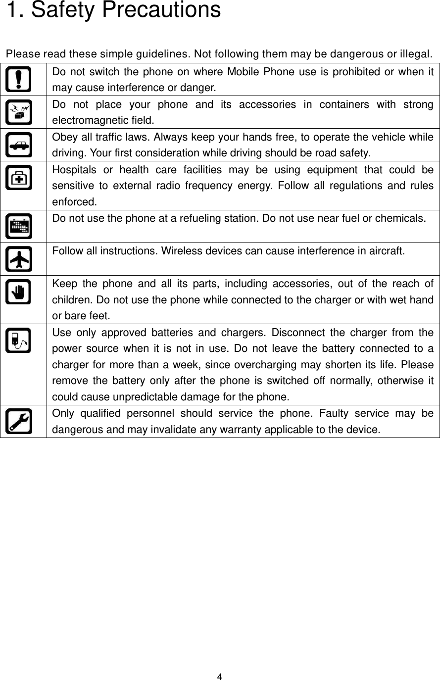 4   1. Safety Precautions   Please read these simple guidelines. Not following them may be dangerous or illegal.  Do not switch the phone on where Mobile Phone use is prohibited or when it may cause interference or danger.  Do  not  place  your  phone  and  its  accessories  in  containers  with  strong electromagnetic field.  Obey all traffic laws. Always keep your hands free, to operate the vehicle while driving. Your first consideration while driving should be road safety.  Hospitals  or  health  care  facilities  may  be  using  equipment  that  could  be sensitive  to  external  radio  frequency  energy.  Follow  all  regulations  and  rules enforced.  Do not use the phone at a refueling station. Do not use near fuel or chemicals.  Follow all instructions. Wireless devices can cause interference in aircraft.  Keep  the  phone  and  all  its  parts,  including  accessories,  out  of  the  reach  of children. Do not use the phone while connected to the charger or with wet hand or bare feet.  Use  only  approved  batteries  and  chargers.  Disconnect  the  charger  from  the power source when it  is  not  in  use.  Do not leave the battery connected  to  a charger for more than a week, since overcharging may shorten its life. Please remove the  battery only  after the  phone is switched  off normally, otherwise it could cause unpredictable damage for the phone.  Only  qualified  personnel  should  service  the  phone.  Faulty  service  may  be dangerous and may invalidate any warranty applicable to the device.              