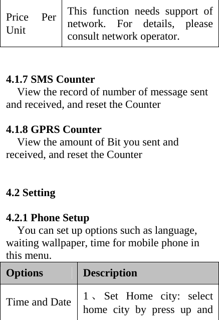 Price Per Unit This function needs support of network. For details, please consult network operator.       4.1.7 SMS Counter View the record of number of message sent and received, and reset the Counter  4.1.8 GPRS Counter View the amount of Bit you sent and received, and reset the Counter     4.2 Setting    4.2.1 Phone Setup     You can set up options such as language, waiting wallpaper, time for mobile phone in this menu. Options  Description Time and Date 1、Set Home city: select home city by press up and 