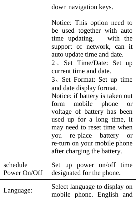 down navigation keys.      Notice: This option need to be used together with auto time updating,   with the support of network, can it auto update time and date. 2、Set Time/Date: Set up current time and date.   3、Set Format: Set up time and date display format. Notice: if battery is taken out form mobile phone or voltage of battery has been used up for a long time, it may need to reset time when you re-place battery or re-turn on your mobile phone after charging the battery. schedule Power On/Off Set up power on/off time designated for the phone. Language:  Select language to display on mobile phone. English and 