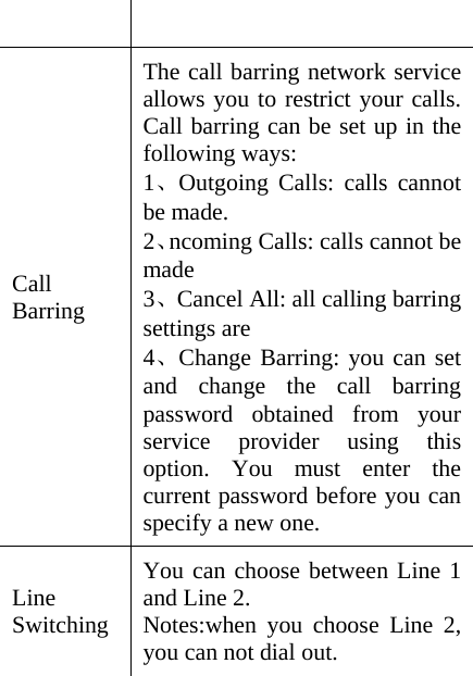  Call Barring  The call barring network service allows you to restrict your calls. Call barring can be set up in the following ways:   1、Outgoing Calls: calls cannot be made. 2、ncoming Calls: calls cannot be made 3、Cancel All: all calling barring settings are   4、Change Barring: you can set and change the call barring password obtained from your service provider using this option. You must enter the current password before you can specify a new one. Line Switching You can choose between Line 1 and Line 2.   Notes:when you choose Line 2, you can not dial out.   