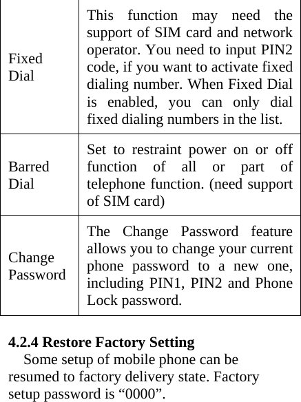 Fixed Dial This function may need the support of SIM card and network operator. You need to input PIN2 code, if you want to activate fixed dialing number. When Fixed Dial is enabled, you can only dial fixed dialing numbers in the list.   Barred Dial Set to restraint power on or off function of all or part of telephone function. (need support of SIM card) Change PasswordThe Change Password feature allows you to change your current phone password to a new one, including PIN1, PIN2 and Phone Lock password.    4.2.4 Restore Factory Setting Some setup of mobile phone can be resumed to factory delivery state. Factory setup password is “0000”.     