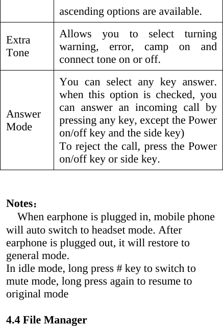 ascending options are available. Extra Tone Allows you to select turning warning, error, camp on and connect tone on or off.   Answer Mode You can select any key answer. when this option is checked, you can answer an incoming call by pressing any key, except the Power on/off key and the side key) To reject the call, press the Power on/off key or side key.      Notes： When earphone is plugged in, mobile phone will auto switch to headset mode. After earphone is plugged out, it will restore to general mode. In idle mode, long press # key to switch to mute mode, long press again to resume to original mode  4.4 File Manager 