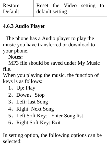 Restore Default  Reset the Video setting to default setting  4.6.3 Audio Player    The phone has a Audio player to play the music you have transferred or download to your phone.   Notes:     MP3 file should be saved under My Music file. When you playing the music, the function of keys is as follows:   1、Up: Play   2、Down：Stop   3、Left: last Song   4、Right: Next Song   5、Left Soft Key：Enter Song list   6、Right Soft Key: Exit    In setting option, the following options can be selected:  