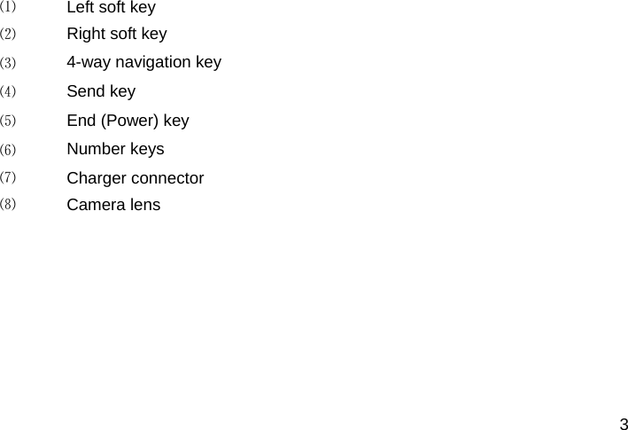  3 ⑴  Left soft key ⑵ Right soft key ⑶ 4-way navigation key ⑷ Send key ⑸ End (Power) key ⑹ Number keys ⑺ Charger connector ⑻ Camera lens        