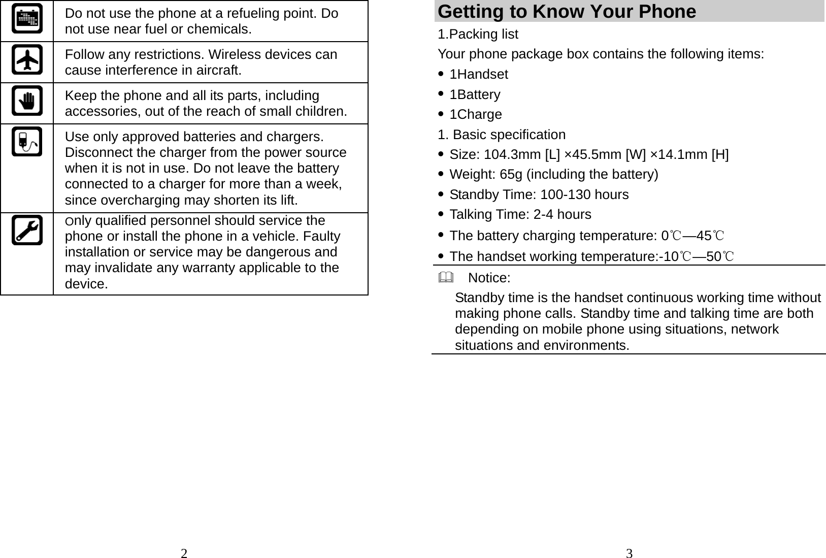  2  Do not use the phone at a refueling point. Do not use near fuel or chemicals.  Follow any restrictions. Wireless devices can cause interference in aircraft.  Keep the phone and all its parts, including accessories, out of the reach of small children.  Use only approved batteries and chargers. Disconnect the charger from the power source when it is not in use. Do not leave the battery connected to a charger for more than a week, since overcharging may shorten its lift.  Only qualified personnel should service the phone or install the phone in a vehicle. Faulty installation or service may be dangerous and may invalidate any warranty applicable to the device.                3Getting to Know Your Phone 1.Packing list Your phone package box contains the following items: z 1Handset z 1Battery z 1Charge 1. Basic specification z Size: 104.3mm [L] ×45.5mm [W] ×14.1mm [H] z Weight: 65g (including the battery) z Standby Time: 100-130 hours z Talking Time: 2-4 hours z The battery charging temperature: 0℃—45℃ z The handset working temperature:-10℃—50℃   Notice: Standby time is the handset continuous working time without making phone calls. Standby time and talking time are both depending on mobile phone using situations, network situations and environments.              