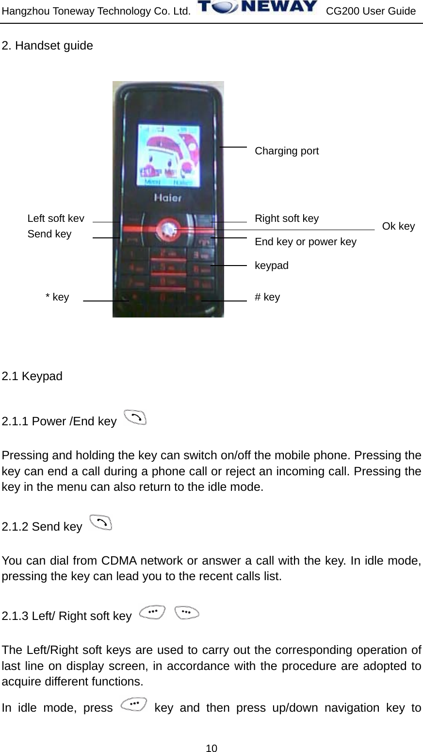Hangzhou Toneway Technology Co. Ltd.    CG200 User Guide 10 2. Handset guide    2.1 Keypad 2.1.1 Power /End key   Pressing and holding the key can switch on/off the mobile phone. Pressing the key can end a call during a phone call or reject an incoming call. Pressing the key in the menu can also return to the idle mode. 2.1.2 Send key   You can dial from CDMA network or answer a call with the key. In idle mode, pressing the key can lead you to the recent calls list. 2.1.3 Left/ Right soft key     The Left/Right soft keys are used to carry out the corresponding operation of last line on display screen, in accordance with the procedure are adopted to acquire different functions.   In idle mode, press   key and then press up/down navigation key to Left soft key Send key * key Right soft key End key or power key keypad # key Ok key Charging port 