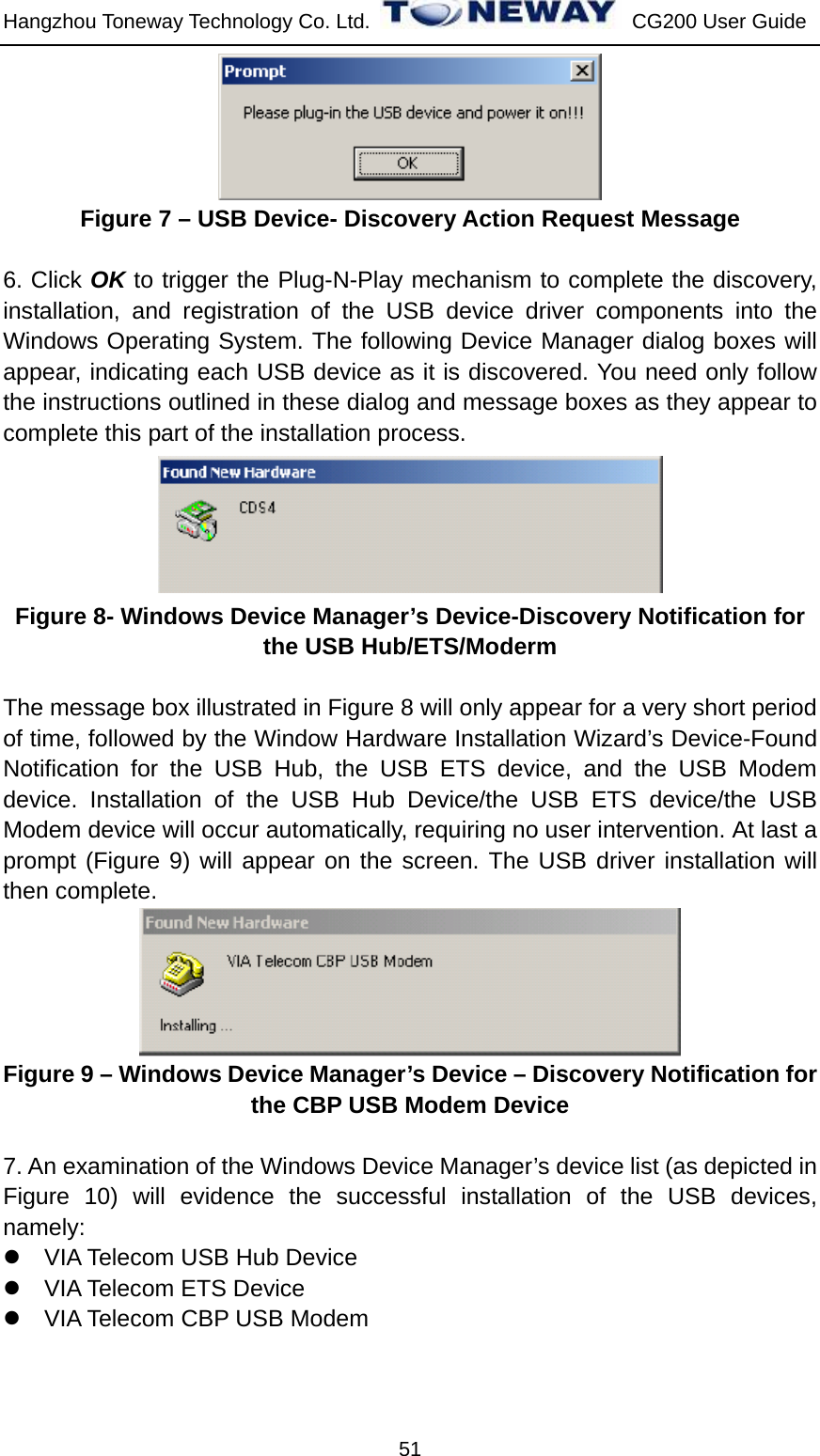 Hangzhou Toneway Technology Co. Ltd.    CG200 User Guide 51  Figure 7 – USB Device- Discovery Action Request Message  6. Click OK to trigger the Plug-N-Play mechanism to complete the discovery, installation, and registration of the USB device driver components into the Windows Operating System. The following Device Manager dialog boxes will appear, indicating each USB device as it is discovered. You need only follow the instructions outlined in these dialog and message boxes as they appear to complete this part of the installation process.  Figure 8- Windows Device Manager’s Device-Discovery Notification for the USB Hub/ETS/Moderm  The message box illustrated in Figure 8 will only appear for a very short period of time, followed by the Window Hardware Installation Wizard’s Device-Found Notification for the USB Hub, the USB ETS device, and the USB Modem device. Installation of the USB Hub Device/the USB ETS device/the USB Modem device will occur automatically, requiring no user intervention. At last a prompt (Figure 9) will appear on the screen. The USB driver installation will then complete.  Figure 9 – Windows Device Manager’s Device – Discovery Notification for the CBP USB Modem Device  7. An examination of the Windows Device Manager’s device list (as depicted in Figure 10) will evidence the successful installation of the USB devices, namely: z  VIA Telecom USB Hub Device z VIA Telecom ETS Device z  VIA Telecom CBP USB Modem 