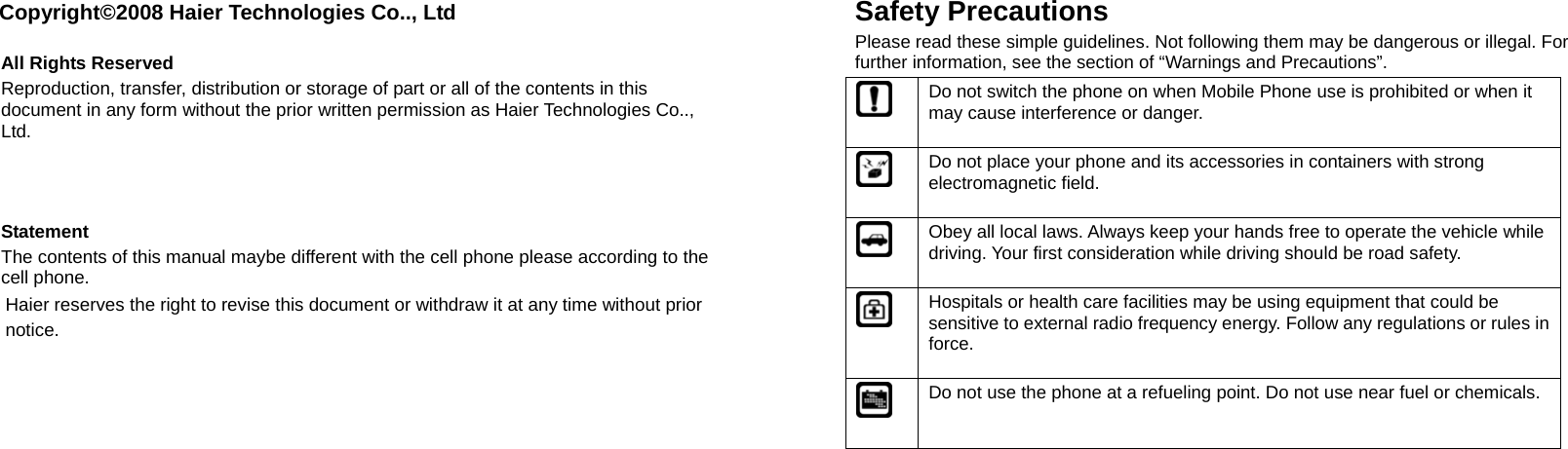 Copyright©2008 Haier Technologies Co.., Ltd  All Rights Reserved Reproduction, transfer, distribution or storage of part or all of the contents in this document in any form without the prior written permission as Haier Technologies Co.., Ltd.    Statement The contents of this manual maybe different with the cell phone please according to the cell phone. Haier reserves the right to revise this document or withdraw it at any time without prior notice.  Safety Precautions Please read these simple guidelines. Not following them may be dangerous or illegal. For further information, see the section of “Warnings and Precautions”.  Do not switch the phone on when Mobile Phone use is prohibited or when it may cause interference or danger.  Do not place your phone and its accessories in containers with strong electromagnetic field.  Obey all local laws. Always keep your hands free to operate the vehicle while driving. Your first consideration while driving should be road safety.  Hospitals or health care facilities may be using equipment that could be sensitive to external radio frequency energy. Follow any regulations or rules in force.  Do not use the phone at a refueling point. Do not use near fuel or chemicals. 