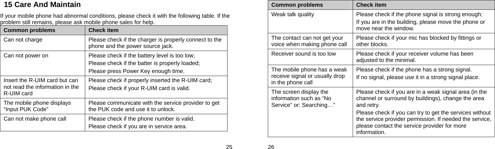  25 15 Care And Maintain If your mobile phone had abnormal conditions, please check it with the following table. If the problem still remains, please ask mobile phone sales for help. Common problems  Check item Can not charge  Please check if the charger is properly connect to the phone and the power source jack.   Can not power on  Please check if the battery level is too low; Please check if the batter is properly loaded;   Please press Power Key enough time. Insert the R-UIM card but can not read the information in the R-UIM card Please check if properly inserted the R-UIM card; Please check if your R-UIM card is valid.   The mobile phone displays “Input PUK Code”  Please communicate with the service provider to get the PUK code and use it to unlock. Can not make phone call  Please check if the phone number is valid.   Please check if you are in service area.    26 Common problems  Check item Weak talk quality  Please check if the phone signal is strong enough;   If you are in the building, please move the phone or move near the window.   The contact can not get your voice when making phone call  Please check if your mic has blocked by fittings or other blocks.   Receiver sound is too low  Please check if your receiver volume has been adjusted to the minimal.   The mobile phone has a weak receive signal or usually drop in the phone call Please check if the phone has a strong signal.   If no signal, please use it in a strong signal place. The screen display the information such as “No Service” or: Searching…”  Please check if you are in a weak signal area (in the channel or surround by buildings), change the area and retry. Please check if you can try to get the services without the service provider permission. If needed the service, please contact the service provider for more information. 