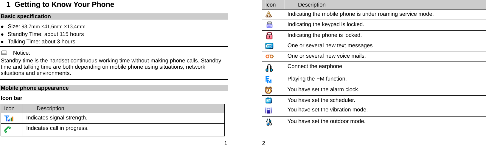  1 1  Getting to Know Your Phone Basic specification z Size: 98.7mm ×41.6mm ×13.4mm z Standby Time: about 115 hours z Talking Time: about 3 hours   Notice: Standby time is the handset continuous working time without making phone calls. Standby time and talking time are both depending on mobile phone using situations, network situations and environments.   Mobile phone appearance Icon bar Icon  Description  Indicates signal strength.  Indicates call in progress.  2 Icon  Description  Indicating the mobile phone is under roaming service mode.  Indicating the keypad is locked.  Indicating the phone is locked.  One or several new text messages.  One or several new voice mails.  Connect the earphone.    Playing the FM function.  You have set the alarm clock.  You have set the scheduler.  You have set the vibration mode.  You have set the outdoor mode. 