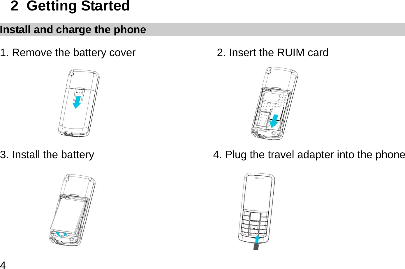  4 2  Getting Started Install and charge the phone 1. Remove the battery cover               2. Insert the RUIM card                                     3. Install the battery                           4. Plug the travel adapter into the phone                           