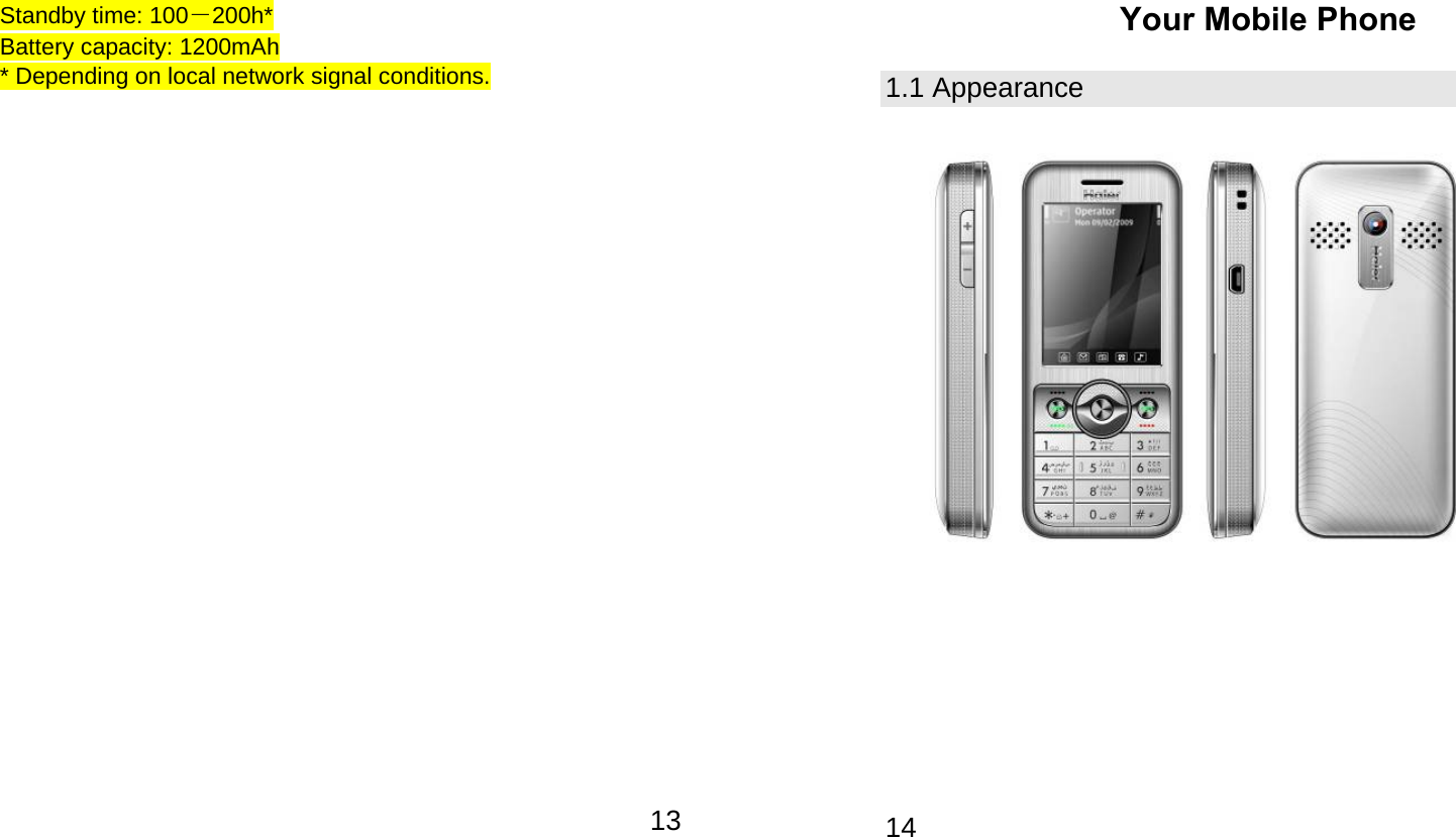   13Standby time: 100－200h* Battery capacity: 1200mAh * Depending on local network signal conditions.    14Your Mobile Phone 1.1 Appearance         