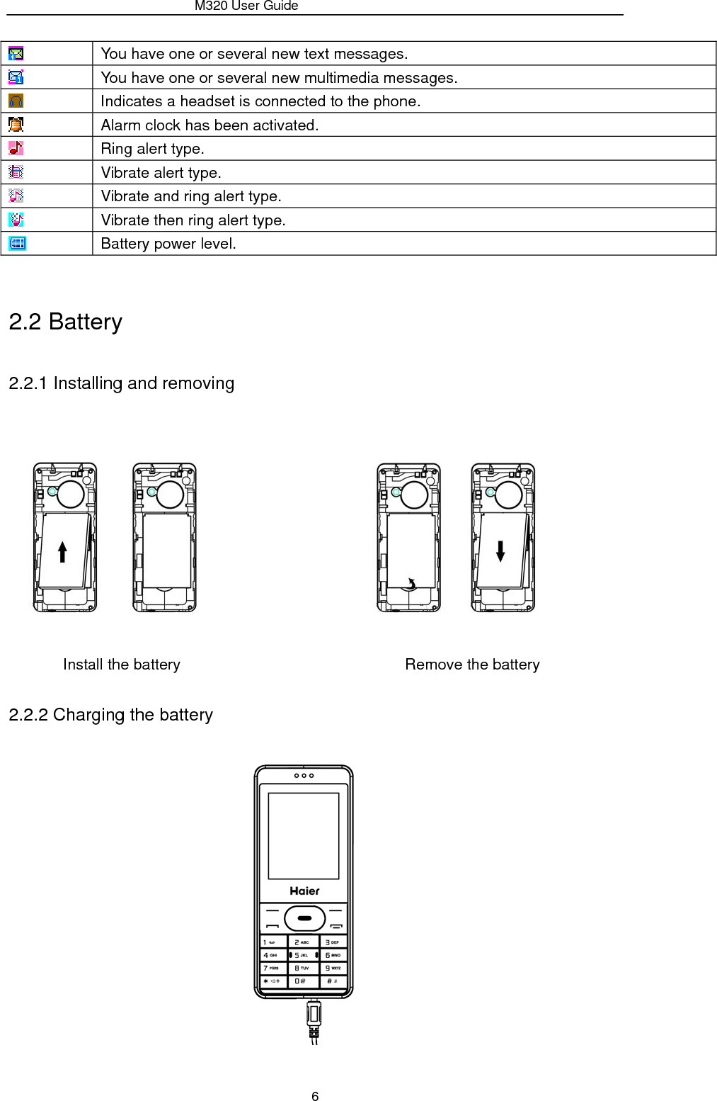                 M320 User Guide 6  You have one or several new text messages.  You have one or several new multimedia messages.  Indicates a headset is connected to the phone.  Alarm clock has been activated.  Ring alert type.  Vibrate alert type.  Vibrate and ring alert type.  Vibrate then ring alert type.  Battery power level.  2.2 Battery 2.2.1 Installing and removing                               Install the battery                             Remove the battery 2.2.2 Charging the battery  