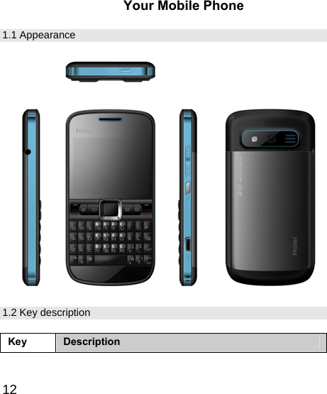   12Your Mobile Phone 1.1 Appearance   1.2 Key description  Key  Description 