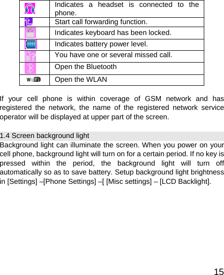   15 Indicates a headset is connected to the phone.  Start call forwarding function.  Indicates keyboard has been locked.  Indicates battery power level.  You have one or several missed call.  Open the Bluetooth  Open the WLAN  If your cell phone is within coverage of GSM network and has registered the network, the name of the registered network service operator will be displayed at upper part of the screen. 1.4 Screen background light Background light can illuminate the screen. When you power on your cell phone, background light will turn on for a certain period. If no key is pressed within the period, the background light will turn off automatically so as to save battery. Setup background light brightness in [Settings] –[Phone Settings] –[ [Misc settings] – [LCD Backlight].